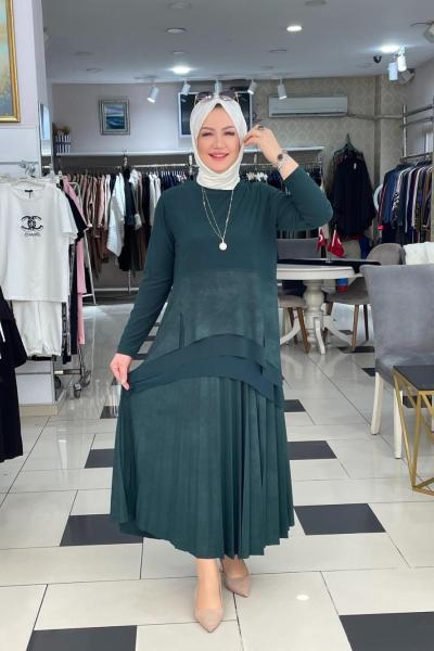 Örme krep etekli takım Zümrüt