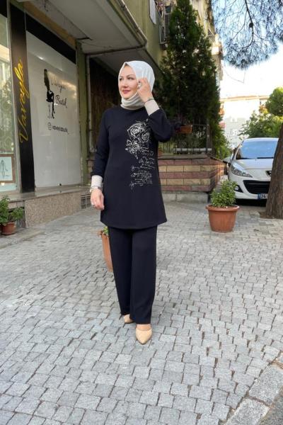 Örme kumaş önü baskılı paltolonlu takım Siyah