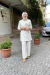 Örme kumaş önü baskılı paltolonlu takım Krem