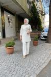 Örme kumaş önü baskılı paltolonlu takım Krem