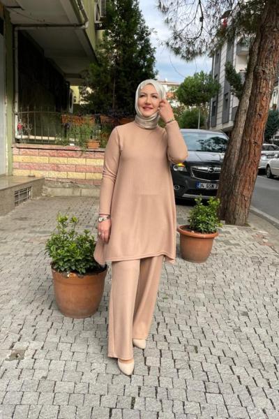 Örme kumaş pantolonlu takım Bej