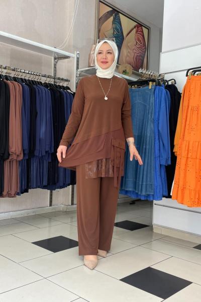Örme kumaş pantolonlu takım Acı Kahve