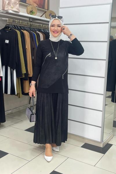 Örme yan detayı fermuarlı eteklı takım Siyah