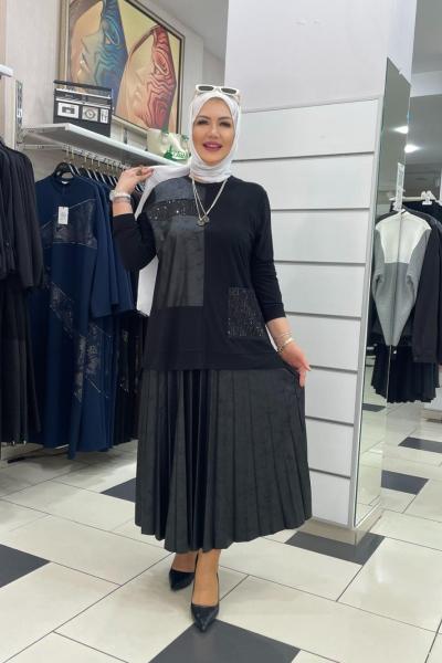 Palet detayli etekli takım Siyah