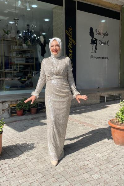 Paletlı elbıse Taş Rengi