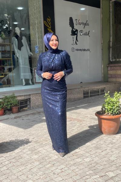 Paletlı elbıse Lacivert