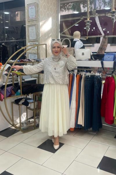 Paletlı tül etekli takımm Taş Rengi