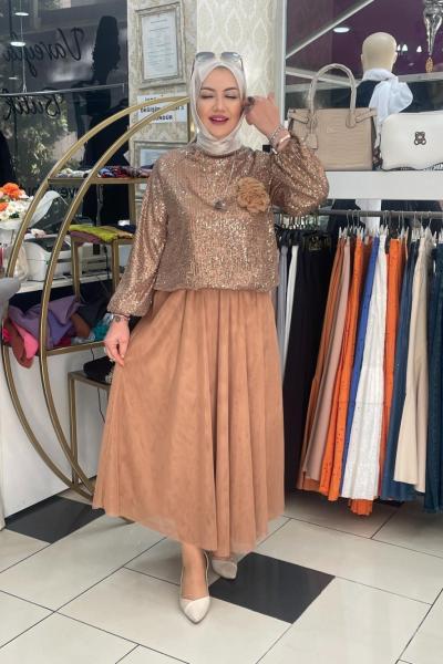 Paletlı tül etekli takımm Taba