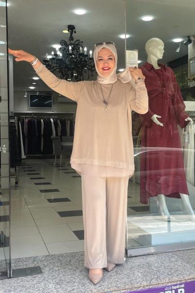 Pamuklu pantolonlu takım Bej