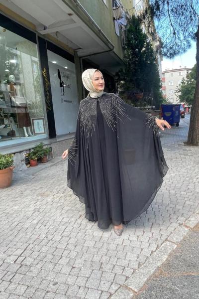 Pelerınlı şifon taşlı abaya Anadolu Siyahı