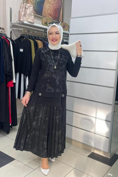 Piliseli örme etekli takım Siyah