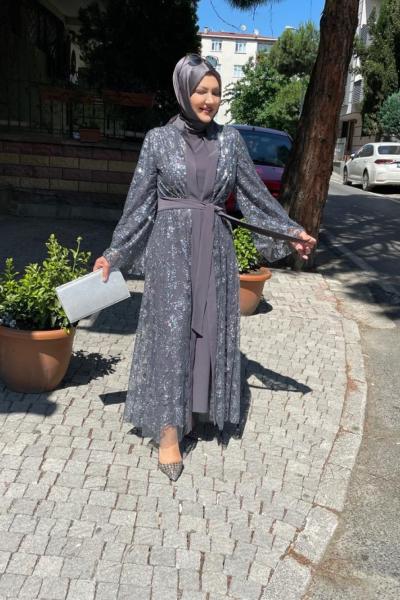 Pul detaylı ikili abaya Gri