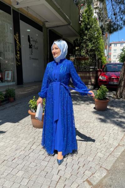 Pul detaylı ikili abaya Mavi