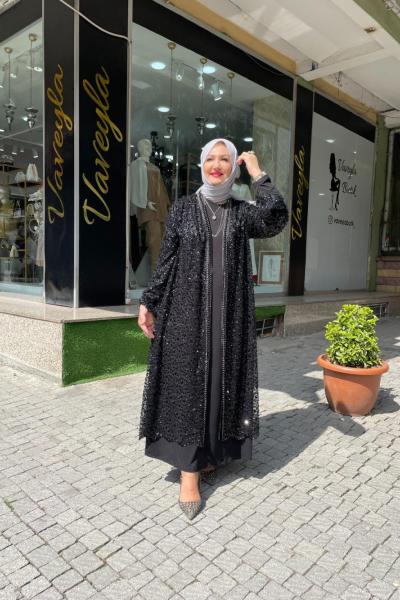 Pullu 2li abaya Siyah