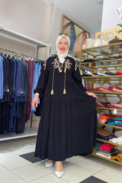 Pullu kolları elbise  Siyah