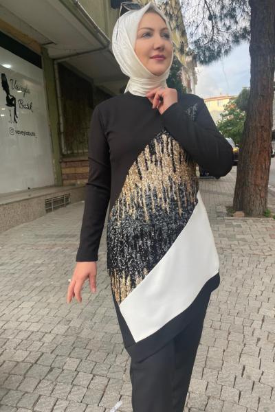 Pullu Payetli Tunik Anadolu Siyahı