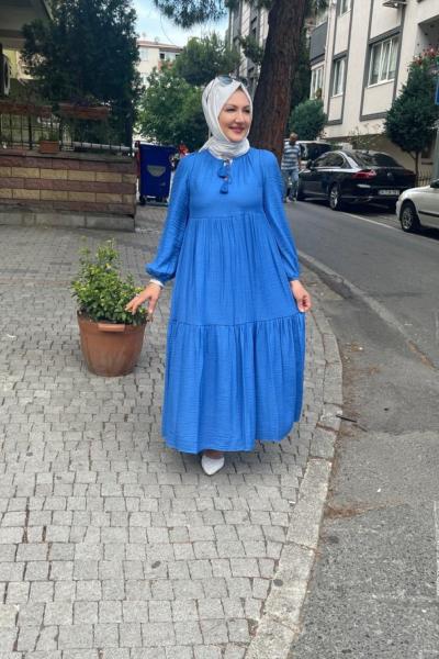 Püskül detaylı 3 katlı elbıse Saks Mavisi