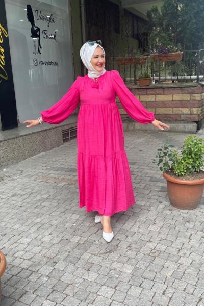 Püskül detaylı 3 katlı elbıse Pembe