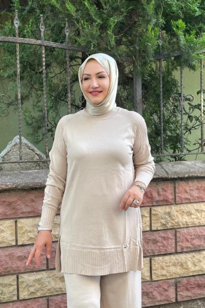 Reklan kol yırtmaçlı tunık Bej