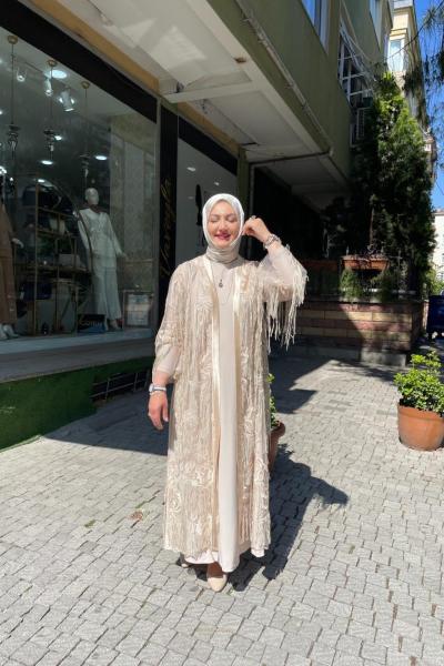 Saçaklı ikili abaya Bej