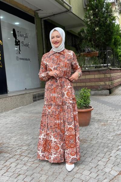 Şal desen elbıse Kahverengi