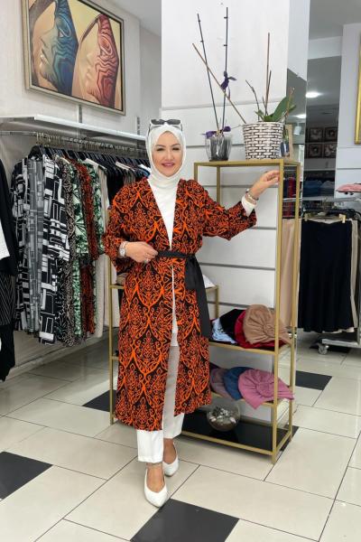 Şal desenli abaya Turuncu