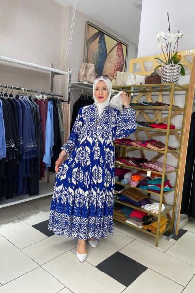 Şal desenli elbıse Mavi