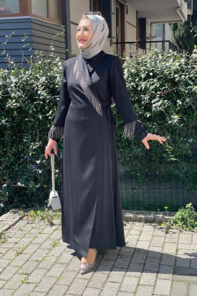 Saten kol ucu ve yakası taş detaylı ceket abiye Siyah