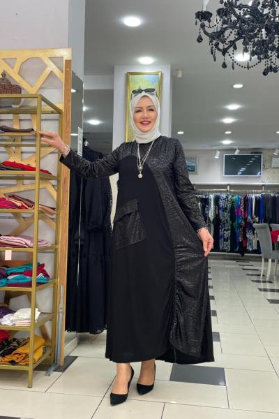 Sendi kolları baskılı elbıse Siyah