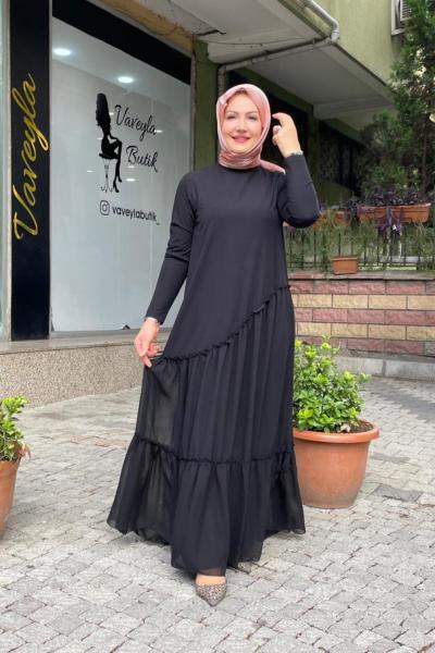 Şifon detaylı elbise Anadolu Siyahı