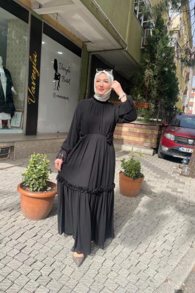 Şifon detaylı elbıse Siyah