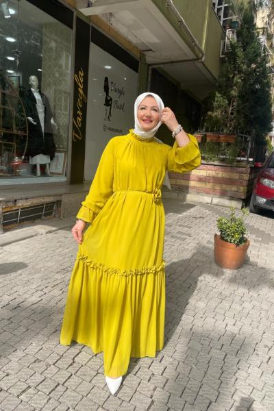 Şifon detaylı elbıse Yağ Yeşili