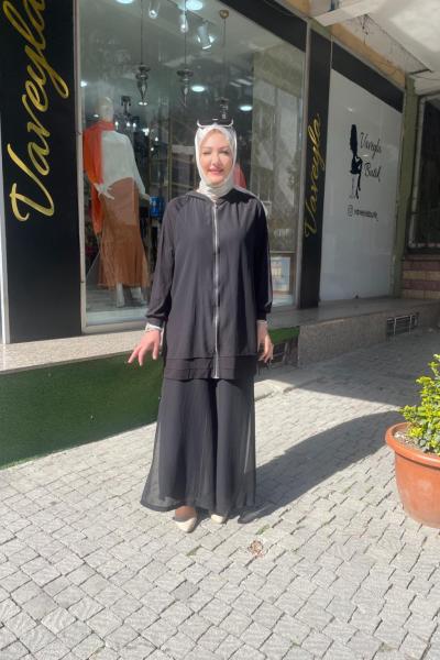 Şifon detaylı pantolonlu takım Siyah