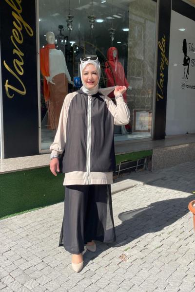 Şifon detaylı pantolonlu takım Bej