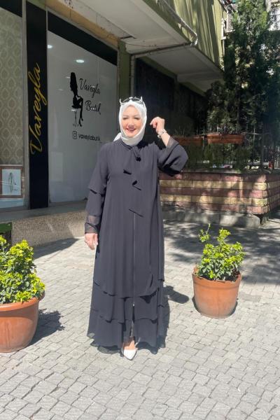 Şifon detaylı kat kat ferace Siyah