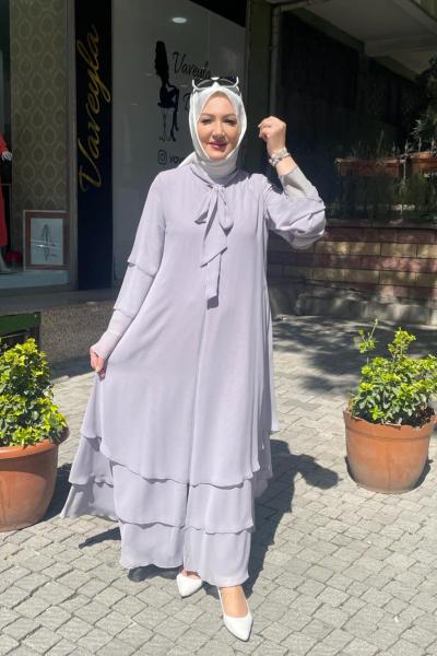 Şifon detaylı kat kat ferace Gri