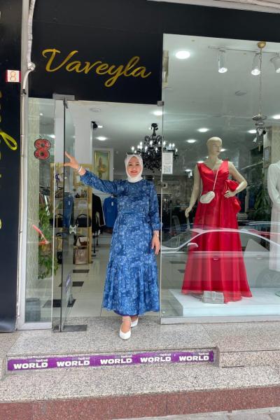 Şifon detaylı elbıse Mavi