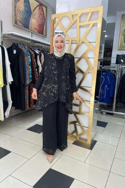 Şifon detayli pantolonlu takım Anadolu Siyahı