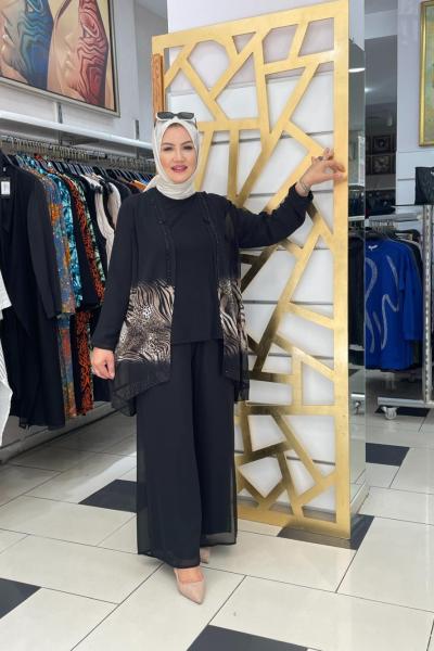 Şifon detayli lepor desenli takım Anadolu Siyahı