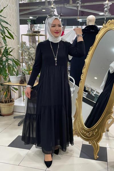 Şifon detaylı kat kat elbıse Siyah