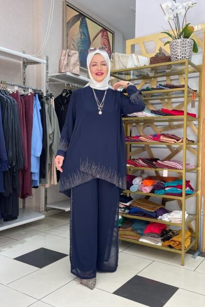 Şifon detaylı taş baskılı abiye Lacivert