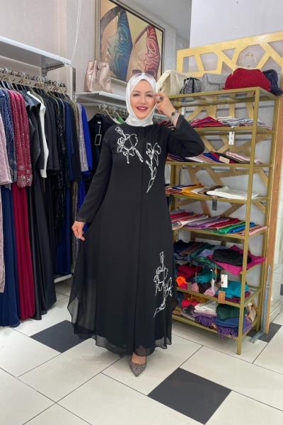 Şifon detaylı boncuk baskılı ferace Siyah