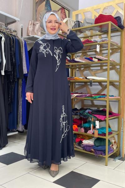 Şifon detaylı boncuk baskılı ferace Lacivert