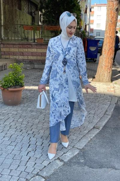 Şifon mavı çiçeklı abaya Mavi