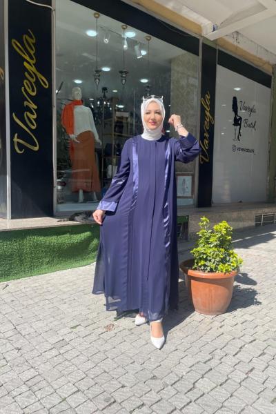 Şifon saten geçişlri olan ferace Mavi