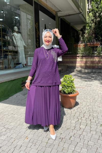 Simli etekli takım Mor