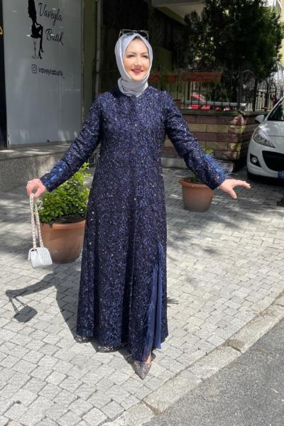 Simlı sakallı kumaş tüy detaylı ferace Lacivert