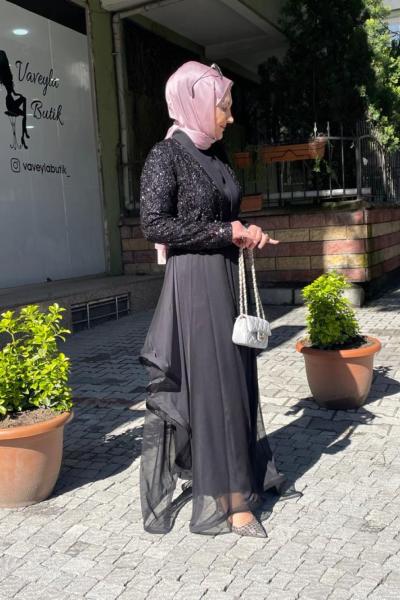 Simlı sakallı kumaş etegl şifonlu abaya Siyah