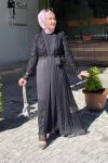 Simlı sakallı kumaş etegl şifonlu abaya Siyah