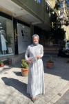 Sol Omuzu Parıltı İşlemeli Eteği Kat Kat Detaylı Abaya Gri